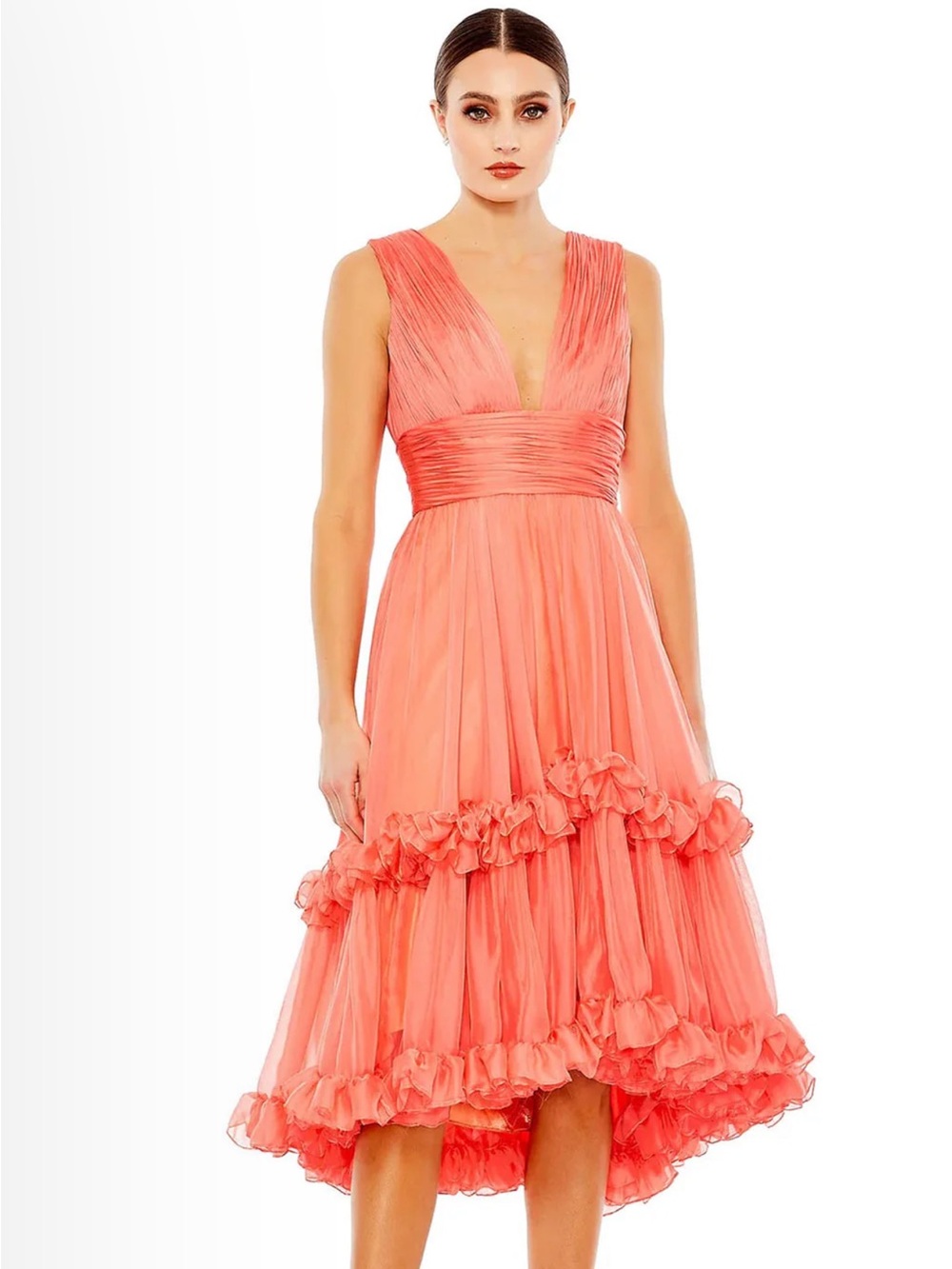 NWT! Mac Duggal Coral High-Low Ruffle V-Neck Dress